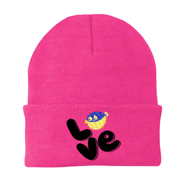 Love Fishing Blue Blowfish Globe Embroidered Beanie